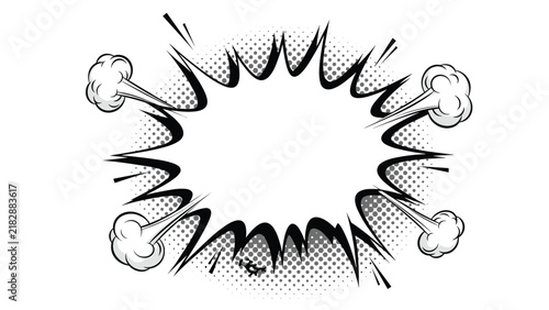 Blank retro comic book explosion speech bubble with classic black burst lines and grey halftone dot shading on white.