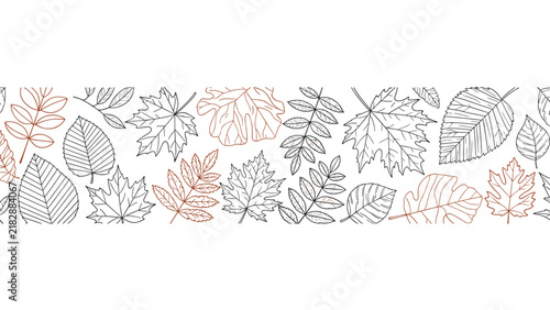 Seamless horizontal border of hand drawn autumn leaves in outline style, seasonal vector background on white background.