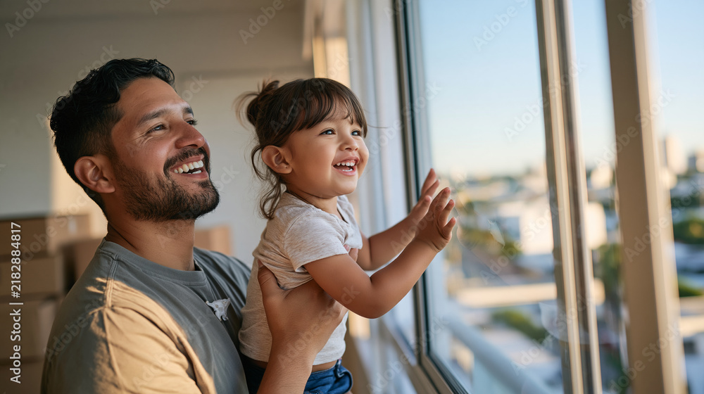 Obraz premium Peruvian father lifting his young daughter to see out a high apartment window for the first time after moving in, boxes stacked behind them, her small hands pressed to the glass