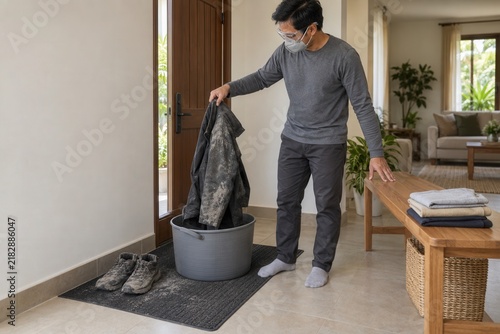 Removing Ash Contaminated Outerwear in Home Entry Area