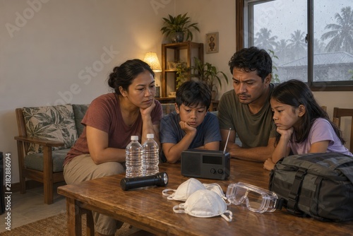 Family Listening to Emergency Radio During Volcanic Ashfall