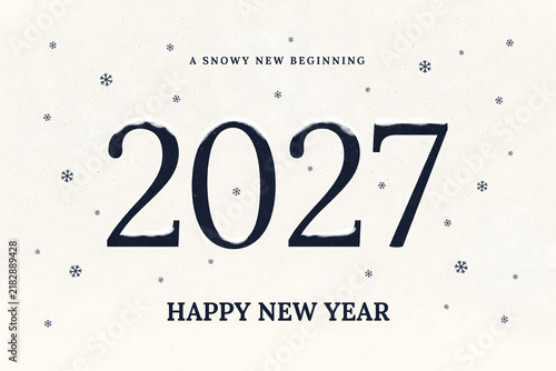 Large dark blue 2027 numbers with snow accumulation on surrounded by small falling snowflakes on a textured off-white paper background