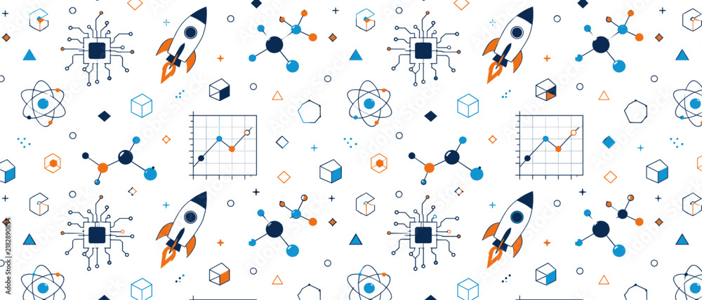 Fototapeta premium Science and technology pattern with rockets, atoms, and circuits