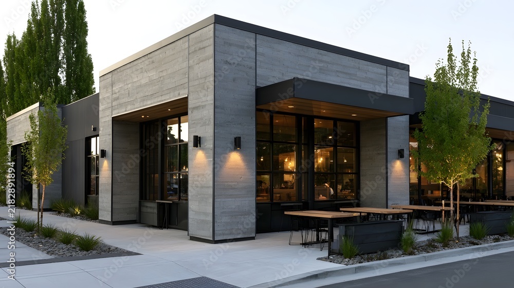 Obraz premium Modern restaurant building with concrete facade large glass and outdoor seating area under evening light