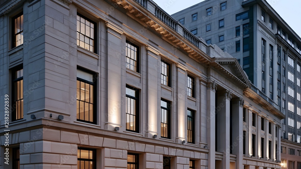 Obraz premium A grand neoclassical building facade with warm lighting highlighting stone columns and detailed architectural elements