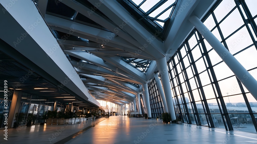 Obraz premium Modern airport terminal interior with expansive glass walls structural beams and polished floor reflecting ambient light