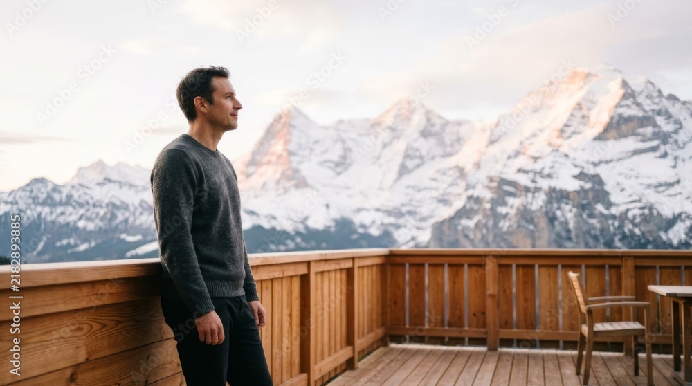Fototapeta premium Man on wooden balcony gazes at sunrise over snowy mountains, inspiring nature retreat concept
