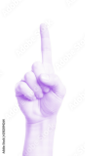 Foto Purple hand gesture showing one finger pointing up made of halftone dots pattern