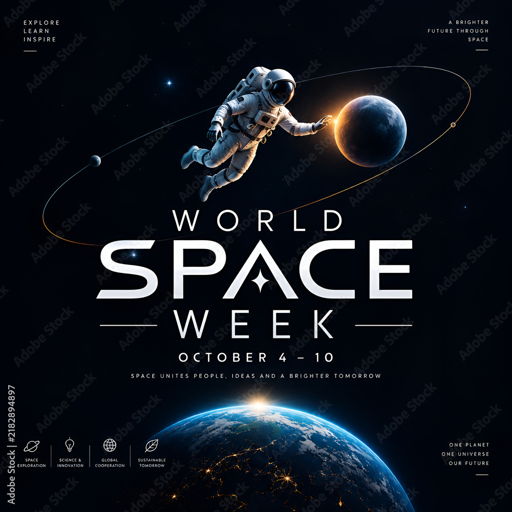 Fototapeta premium Astronaut floating in deep space for world space week poster with outer space