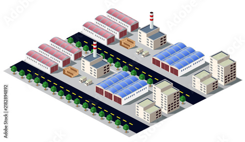 Isometric factory building with chimneys and road