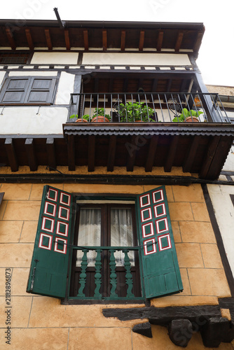 Typical houses with granite stone plinths and upper floors with geometric wooden frameworks and adobe in La Alberca town