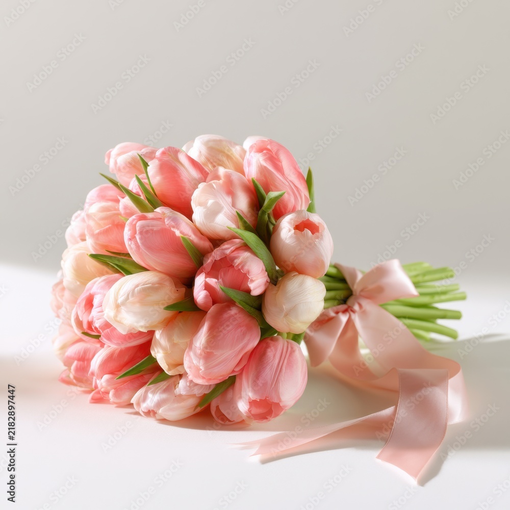 Obraz premium Elegant bouquet of soft pink and white tulips tied with a delicate satin ribbon lying on a white surface in natural light