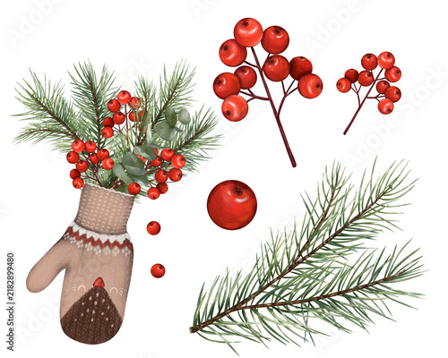 Fotografie Hand-Painted Watercolor Christmas Clipart Set with Winter Hat, Mittens, Pine Bra