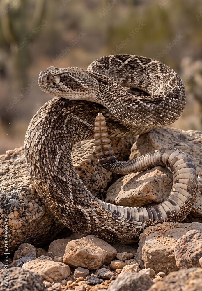 Obraz premium Western diamondback rattlesnake (Crotalus atrox) coiled on desert rocks