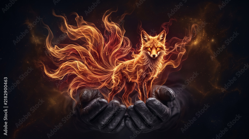 Obraz premium Digital illustration of a fox made of glowing flames standing in cupped hands, magical fire effect, dark background. Fantasy art, mystical concept, creative design.