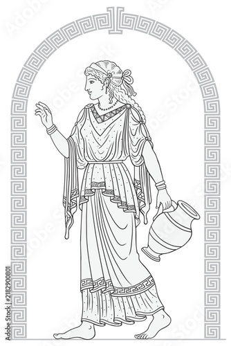 Drawing in ancient Greek style. Ancient Greek woman goddess in tunic with a jug for wine and water. Isolated female figure and meander ornament.