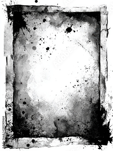 Black and white grunge frame with ink stains, splatters, and worn edges. Ideal for posters, album covers, websites, and editorial layouts.