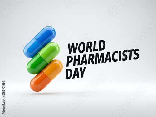 Colorful capsule pills with world pharmacists day text highlighting healthcare and medical awareness campaign
