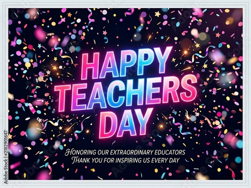 Colorful happy teachers day celebration with confetti and bright text design card template