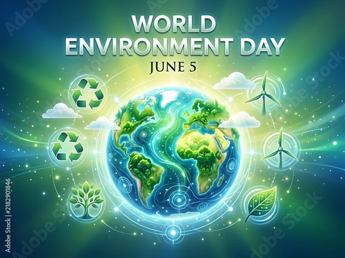Colorful world environment day celebration illustration with recycling and renewable energy symbols around earth globe