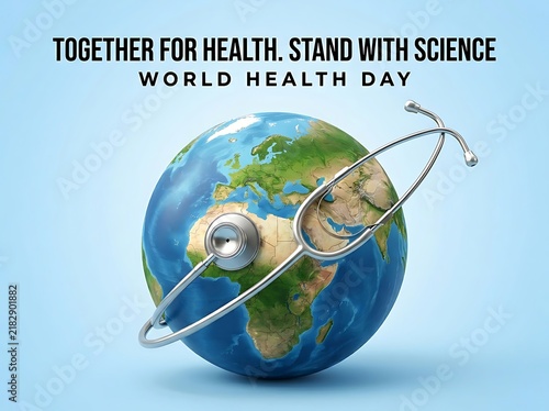 Conceptual illustration of a stethoscope wrapped around the globe for world health day awareness campaign