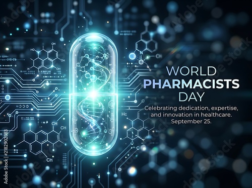 Futuristic digital capsule with glowing dna illustration celebrating global pharmacists day innovation and healthcare advancements