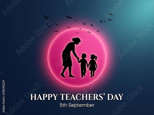 Happy teachers day celebration with silhouette of teacher and children under glowing moon scene