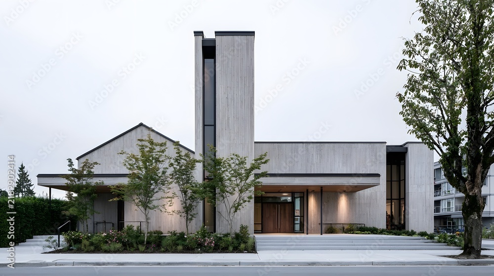 Obraz premium Modern church building with tall tower wooden facade and wide entrance steps under overcast sky