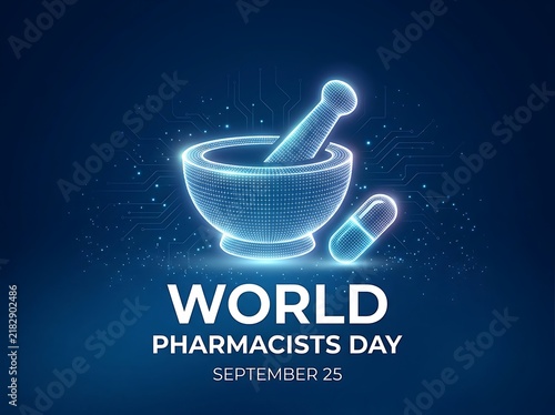 Modern digital illustration of mortar and pestle with capsule for world pharmacists day celebration