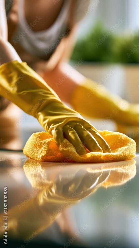 Obraz premium Person wearing protective yellow gloves diligently wiping and polishing a reflective surface with a microfiber cloth during home cleaning chores on a sunny day