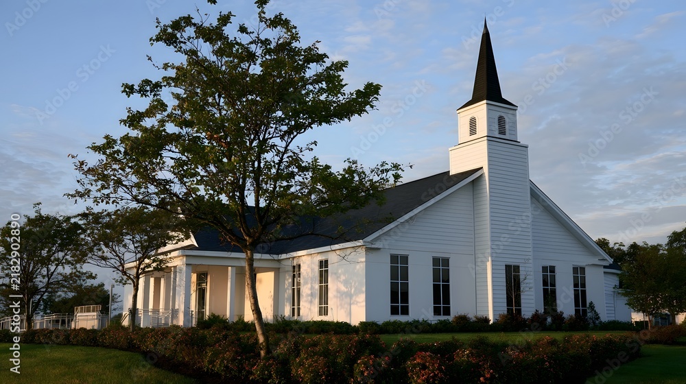 Obraz premium A white church with a tall steeple stands in a landscaped yard under a partly cloudy sky during early morning or late afternoon