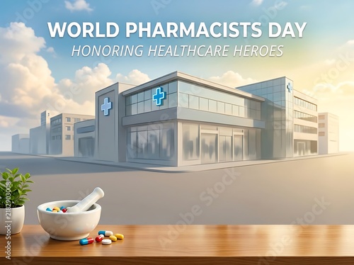 World pharmacists day celebration with modern pharmacy building and medicine tools display