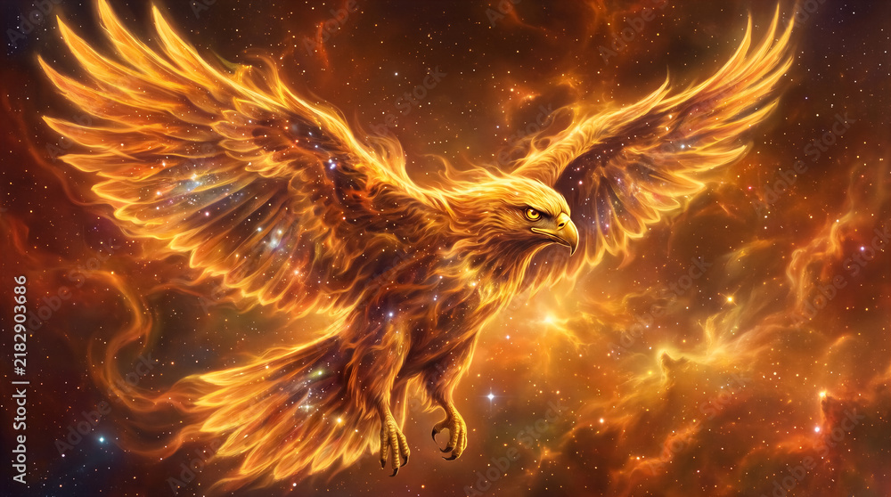 Fototapeta premium Digital illustration of a mythical fire bird soaring through deep space nebula, glowing golden feathers and cosmic dust clouds. Fantasy, mythology, astral travel, magic.