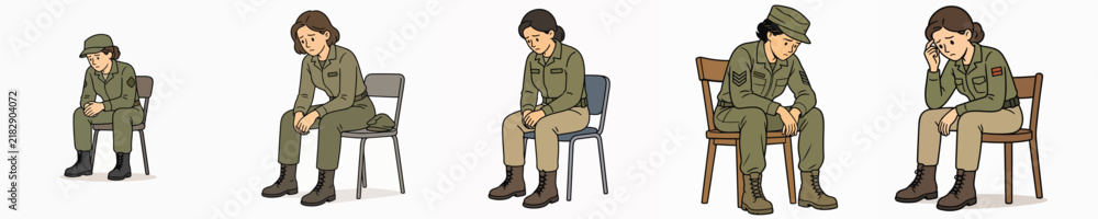 Obraz premium A set of vector illustrations of a female soldier slumped over, looking dejected due to numerous problems.