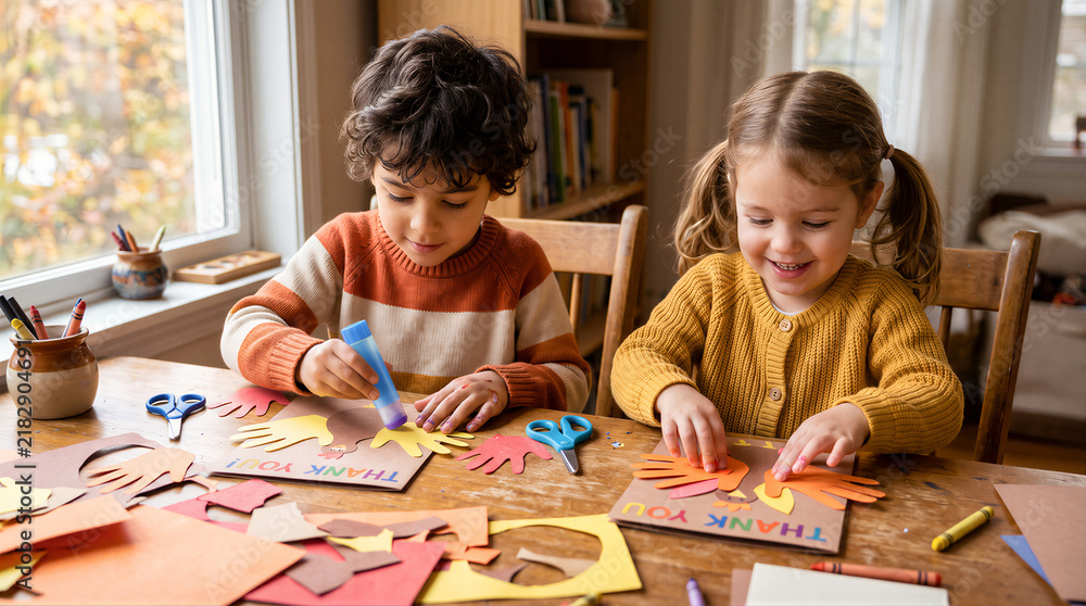 Obraz premium Two young children sit at a wooden table making handmade Thanksgiving cards with paper handprint turkeys and glue. Family Thanksgiving day, autumn celebration concept with copy-space.