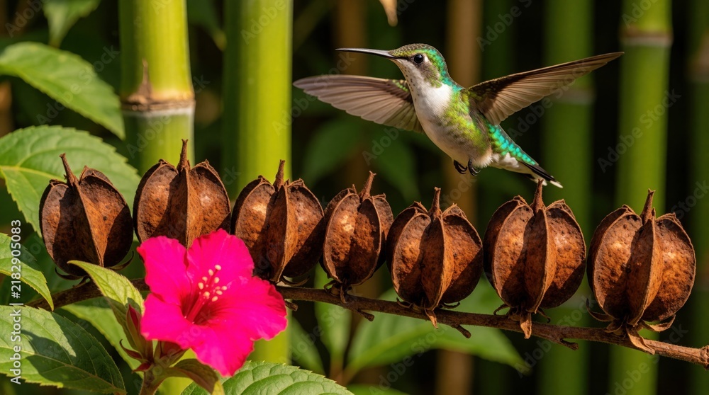 Obraz premium Tiny hummingbird hovers near dry seed pods and bright pink flower. Bird with iridescent green feathers flies near tropical plants and bamboo stalks. Macro shot captures nature detail.