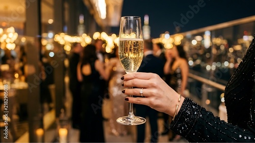 Woman holding a glass of champagne at a luxury rooftop party with blurred city lights.
