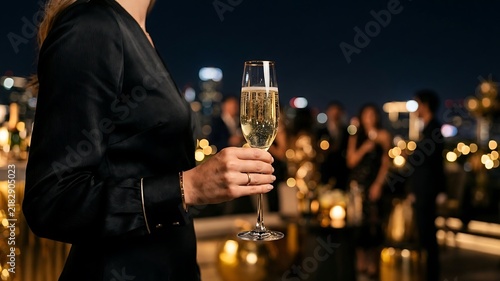 Elegant woman holding champagne glass at night cityscape celebration