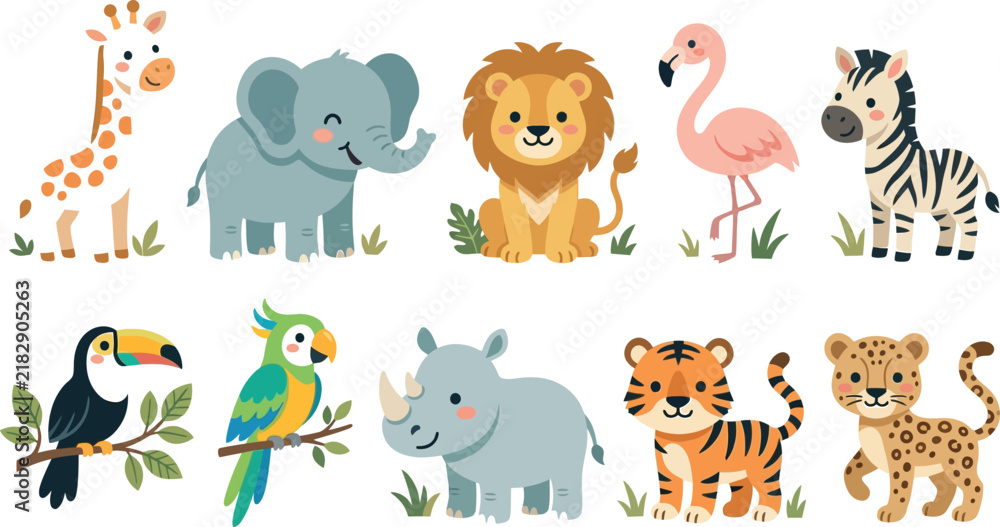 Naklejka premium Set of cute cartoon wild animals including lion elephant giraffe zebra tiger rhino and exotic birds for kids design