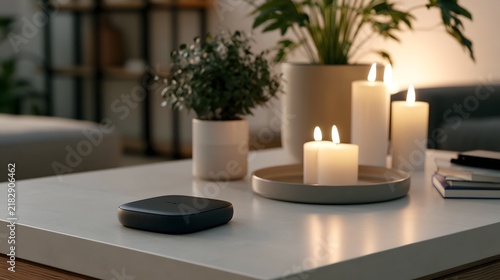 A modern black smart device rests on a white table beside lit candles and potted plants in a cozy indoor setting