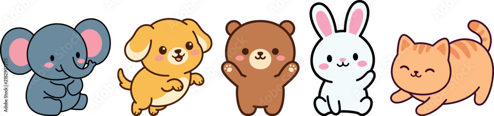 Fototapeta premium Cute Kawaii Animals Character Set Flat Vector Illustration Icons