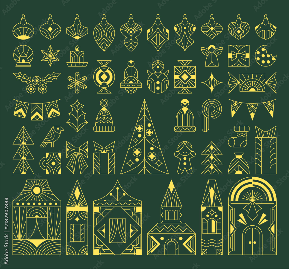 Naklejka premium Christmas Icons Set Art Deco Line