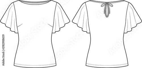 Flutter Sleeve Blouse Bow Back Technical Fashion Flat Sketch