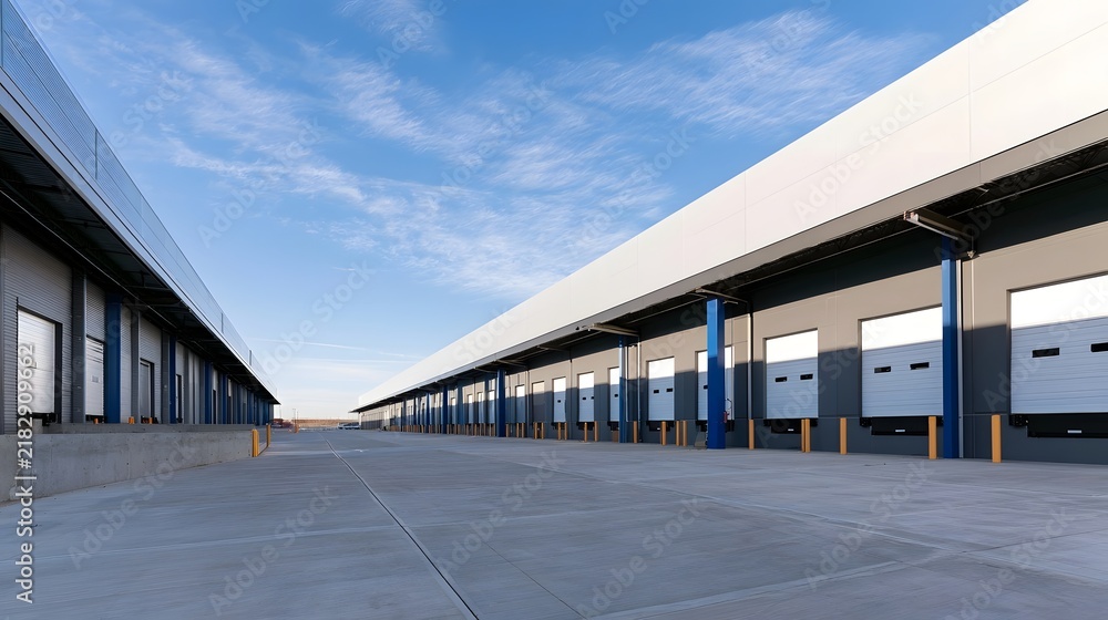 Obraz premium Modern industrial warehouse with long loading docks blue support columns and white roll up doors under a clear blue sky with wispy clouds