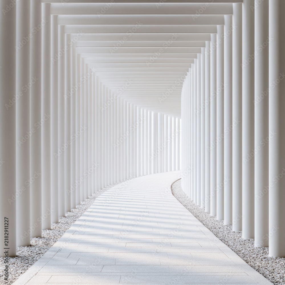 Obraz premium Serene curved walkway framed by evenly spaced white columns creating a modern minimalist architectural tunnel bathed in soft natural light