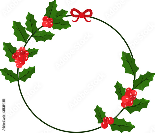 Christmas holly wreath frame, circular winter plant design, festive red bow decoration