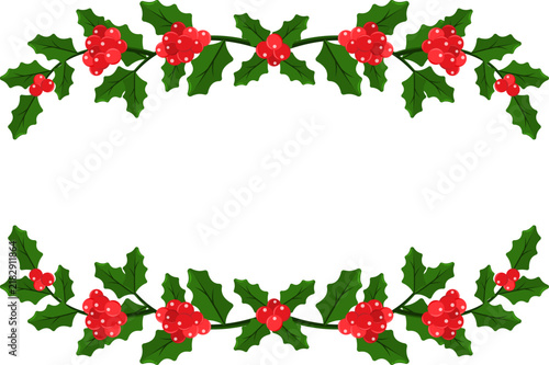 Christmas holly border design, winter plant header footer, festive holiday vector banner