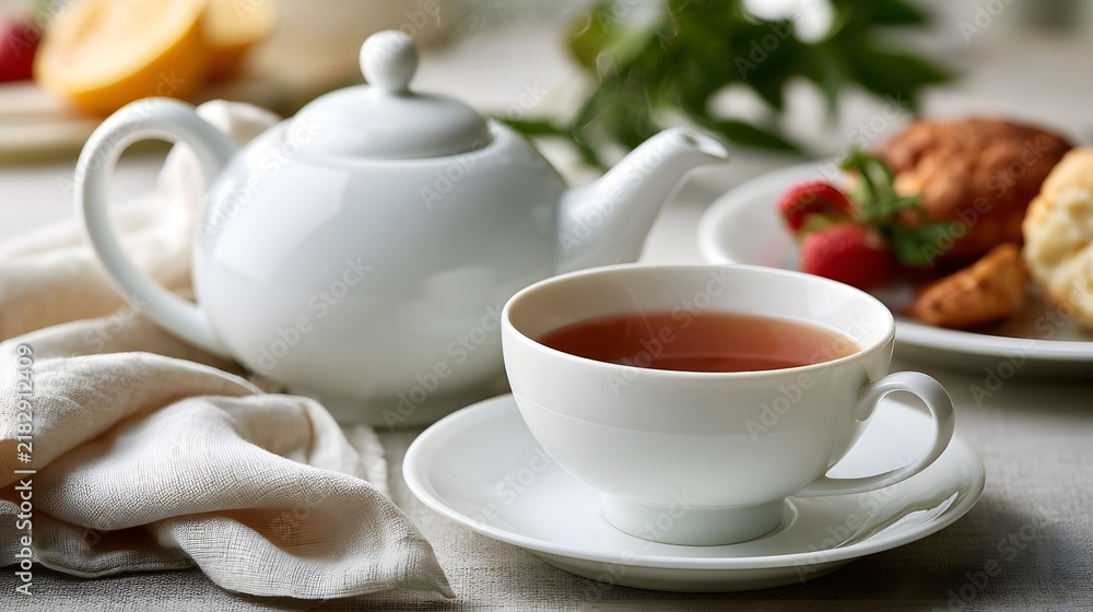 Fototapeta premium A steaming cup of tea sits beside a white teapot with fresh fruit and pastries arranged on a linen cloth