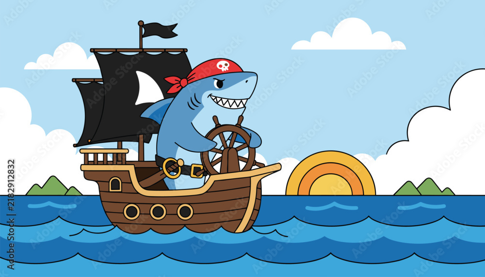 Fototapeta premium Friendly shark dressed as a pirate steers a wooden sailing ship through ocean waves during a beautiful sunset with islands.