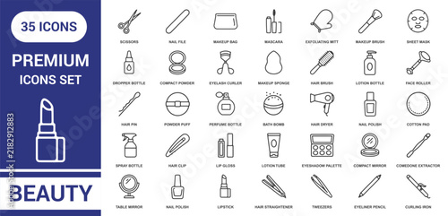 Bild auf Leinwand A collection of thirty-five beauty and personal care thin line icons featuring m